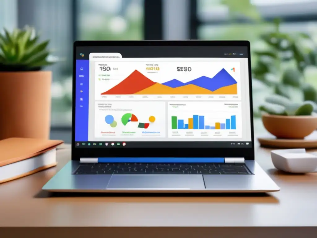 Laptop moderno muestra herramientas de SEO y datos de marketing de afiliados
