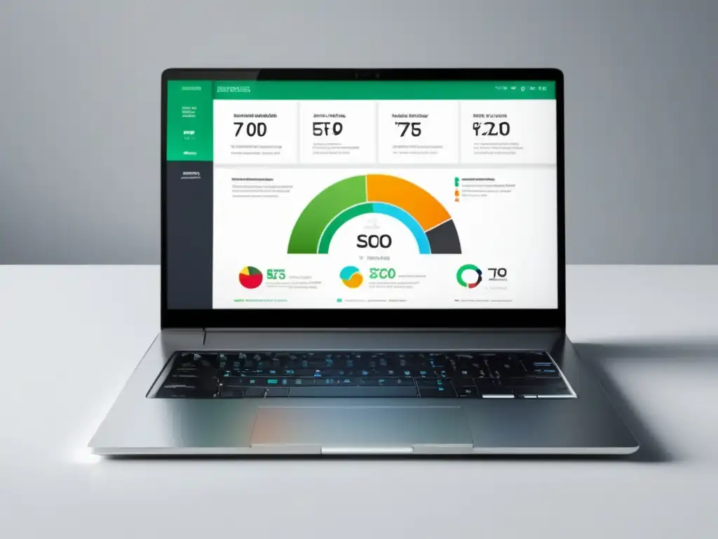 Laptop moderno en escritorio blanco con dashboard de SEO y gráficos vibrantes