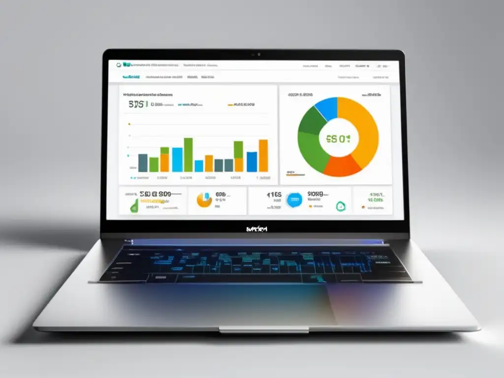 Laptop moderno con diseño minimalista y dashboard SEO visualmente atractivo