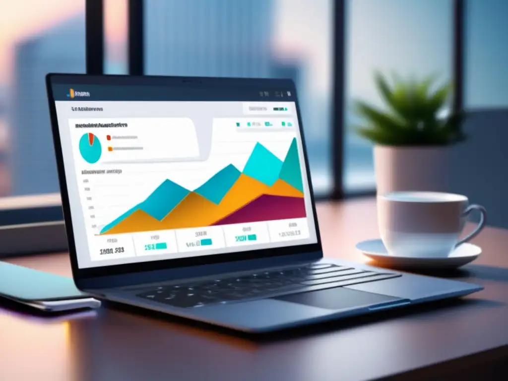 Laptop moderno en escritorio minimalista con impresionante dashboard de SEO para afiliados
