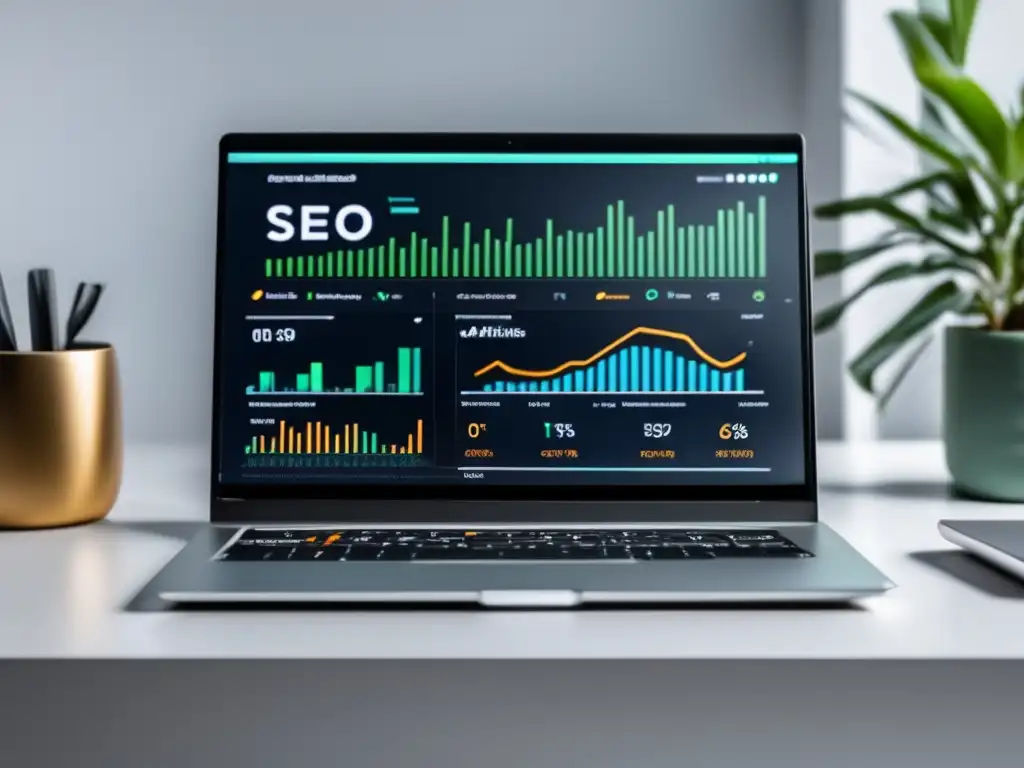 Laptop minimalista en escritorio blanco con dashboard SEO avanzado: rol del SEO en crecimiento estrategia Marketing Afiliados