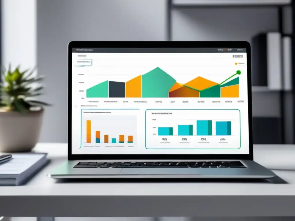 Laptop moderno en escritorio blanco, dashboard SEO para marketing de afiliados, estrategias efectivas