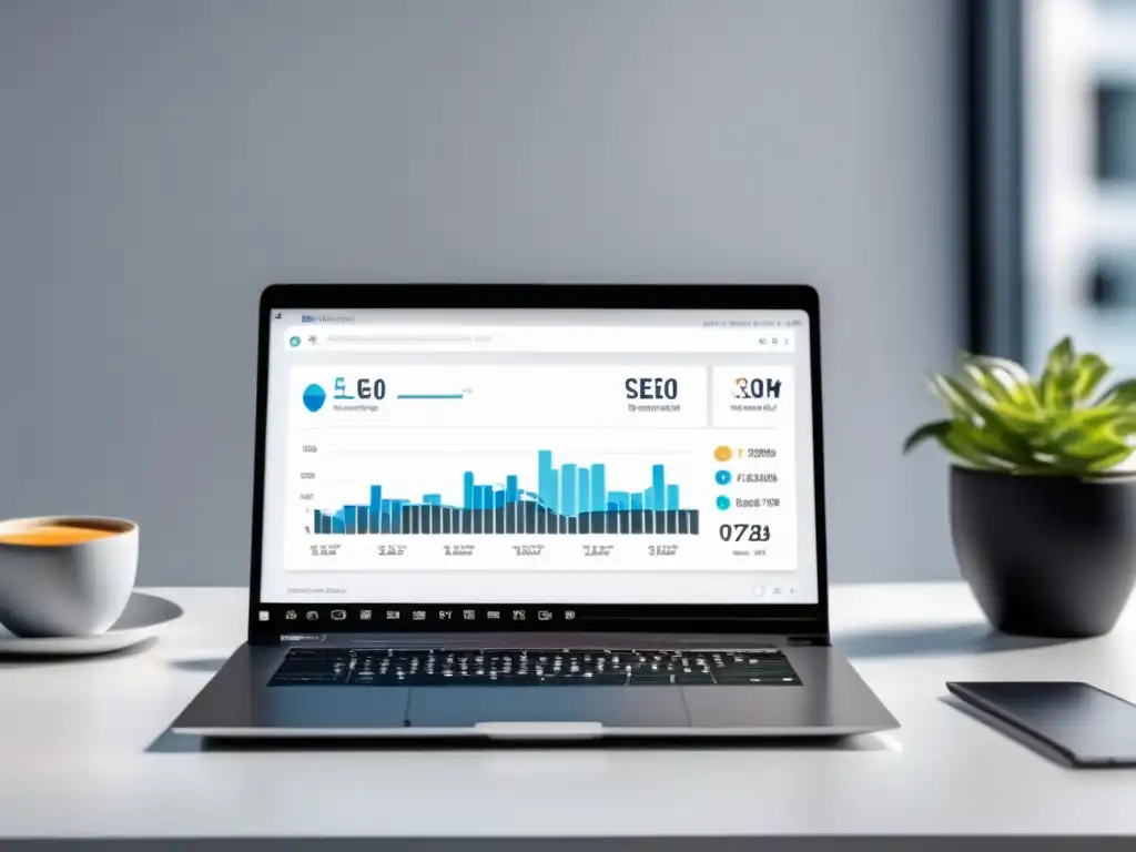 Laptop minimalista en escritorio blanco con dashboard SEO, clave: claves fundamentales SEO en el marketing de afiliados
