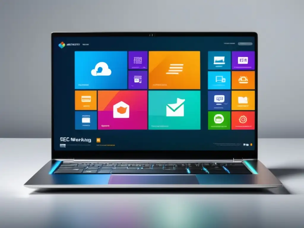 Laptop moderno con diseño web vibrante y contenido SEO para marketing de afiliados