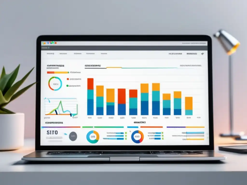 Laptop minimalista y moderno con gráfico detallado que muestra la importancia de la investigación de palabras clave para SEO en marketing de afiliados