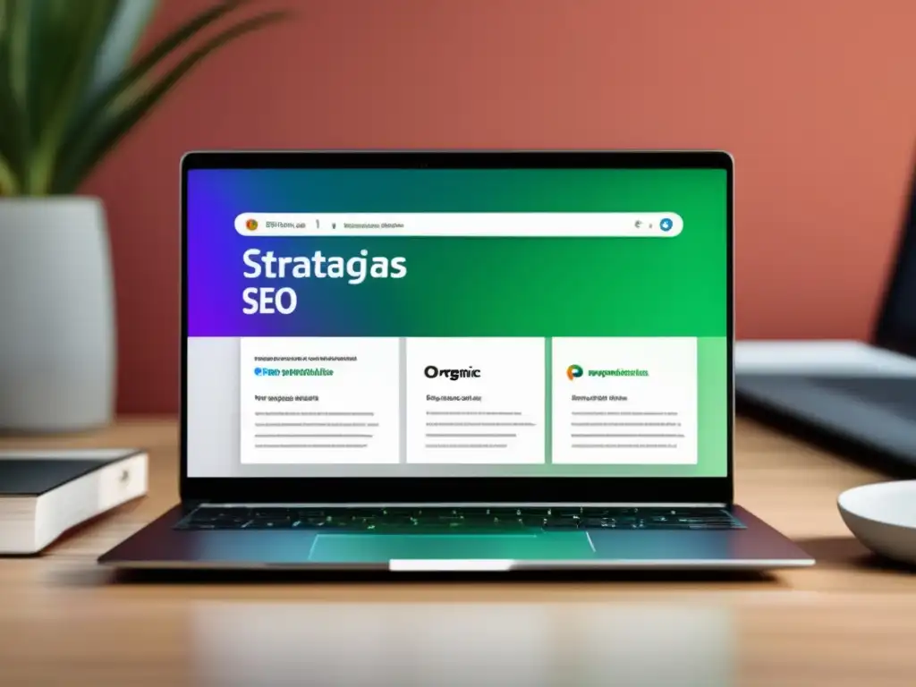 Laptop minimalista con pantalla mostrando SERP de 'estrategias de SEO para programas de afiliados'