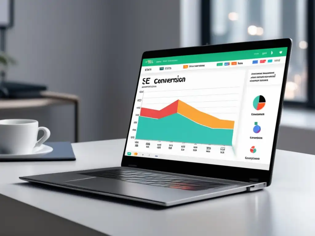 Laptop moderno en escritorio blanco con notas sobre estrategias SEO y tasa de conversión en sitio afiliado