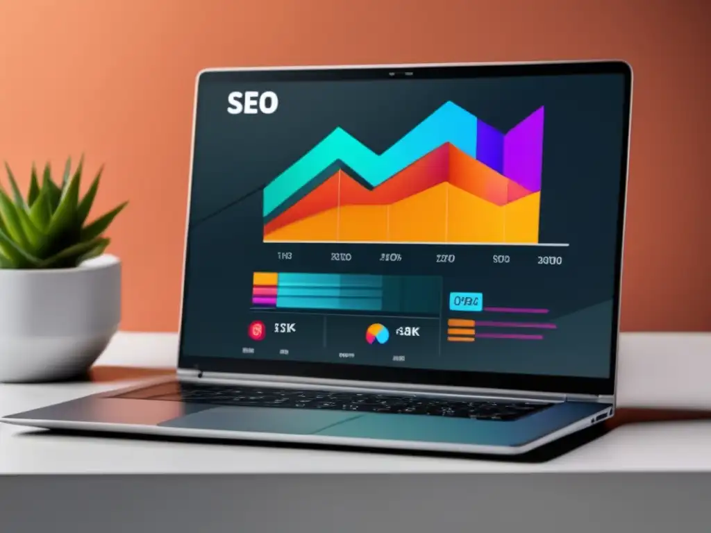 Laptop minimalista con gráfica SEO exitoso en marketing de afiliados