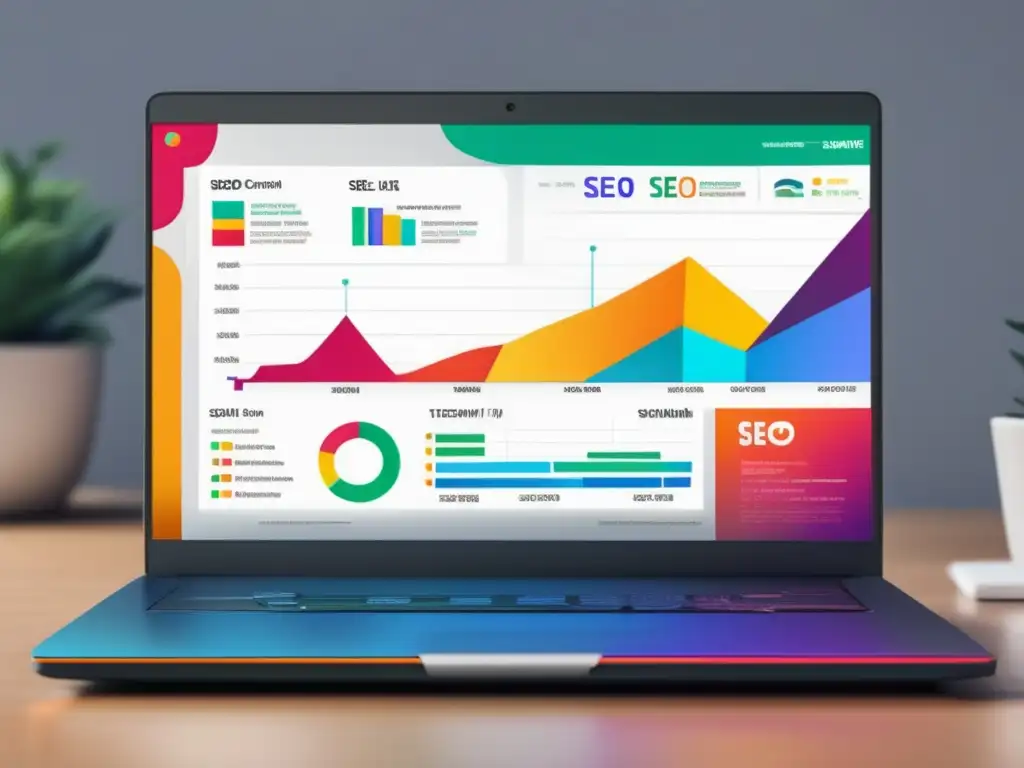 Laptop moderno con infografía de SEO para afiliados