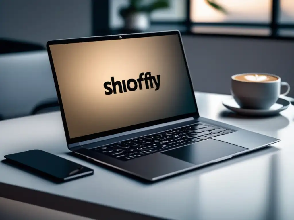 Laptop minimalista con logo Shopify en pantalla, muestra programa de afiliados de Shopify con beneficios