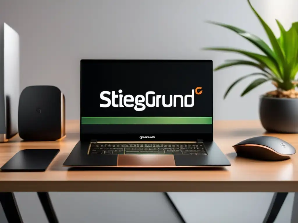 Laptop moderno y elegante con logo SiteGround en pantalla, en un escritorio minimalista con accesorios profesionales