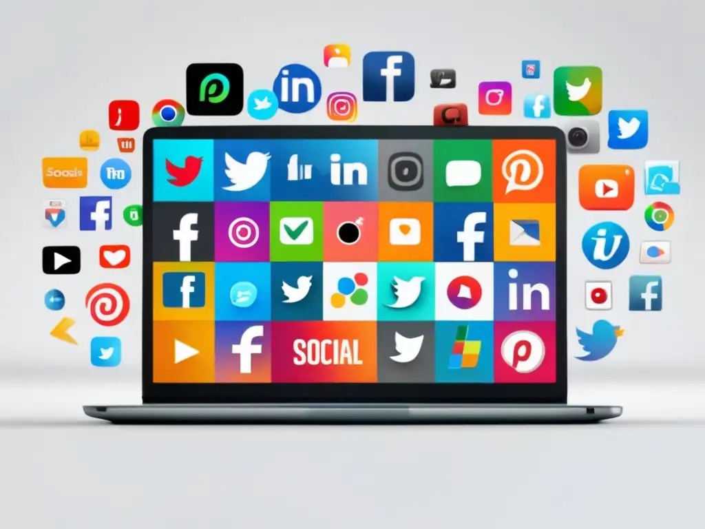 Laptop con logos de redes sociales, estrategias de contenido en marketing de afiliados