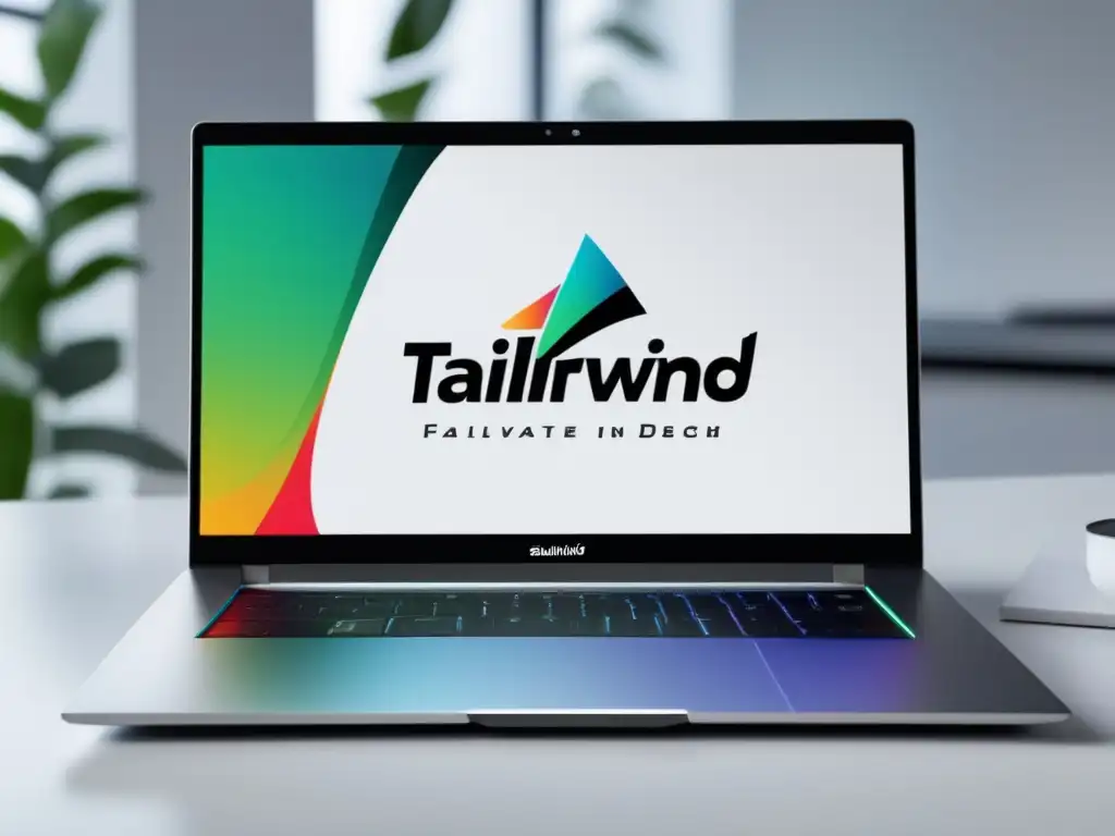 Laptop moderno en escritorio blanco con logo de Tailwind, destaca programa de afiliados