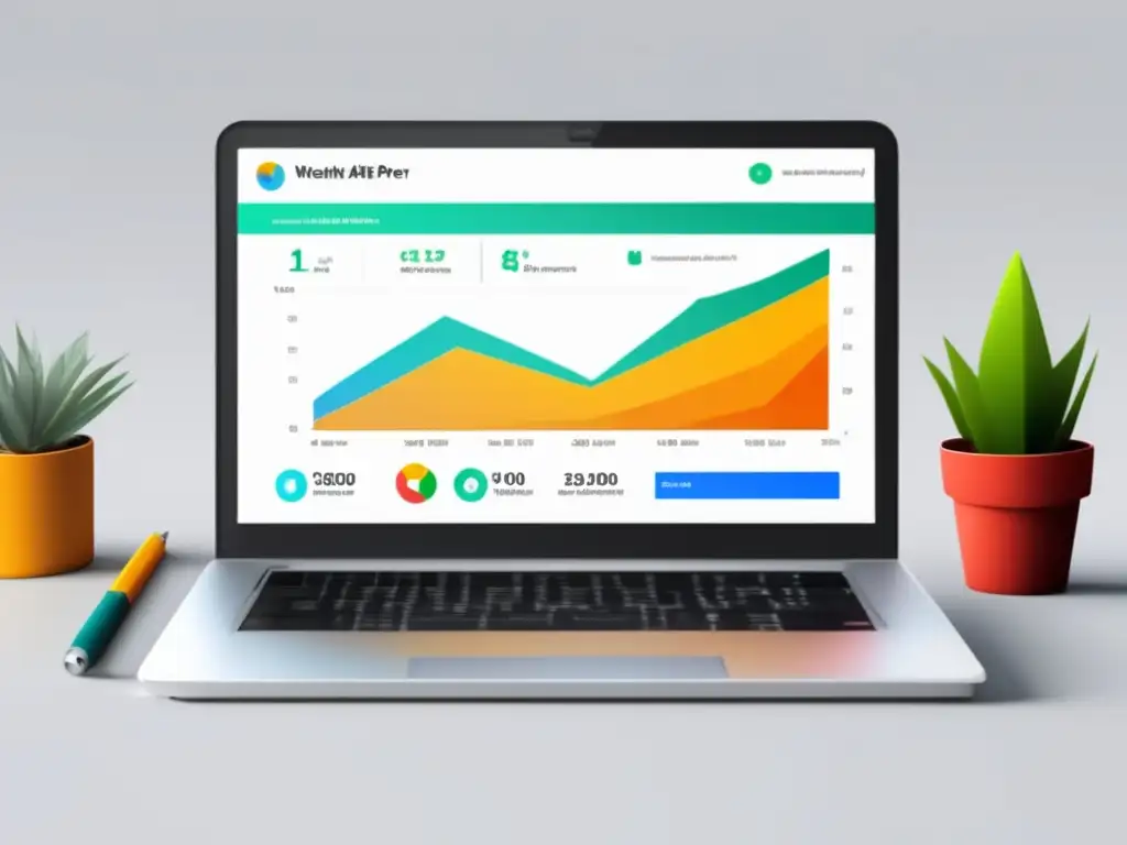 Laptop moderno y minimalista con interfaz de usuario vibrante y estadísticas de ingresos mensuales de $10,000