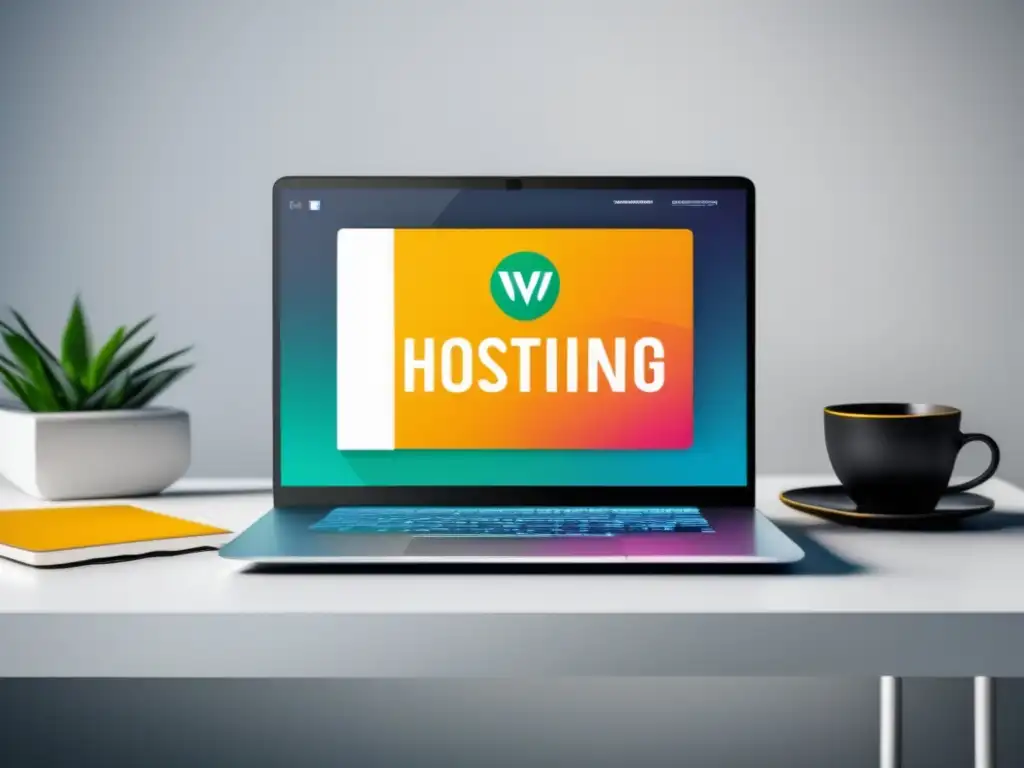 Laptop moderno en un escritorio blanco, con web hosting y programas de afiliados