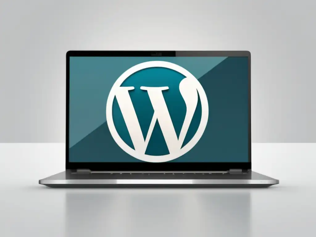 Laptop minimalista con el logo de WordPress y plugins en un fondo blanco: Mejores plugins de WordPress para afiliados