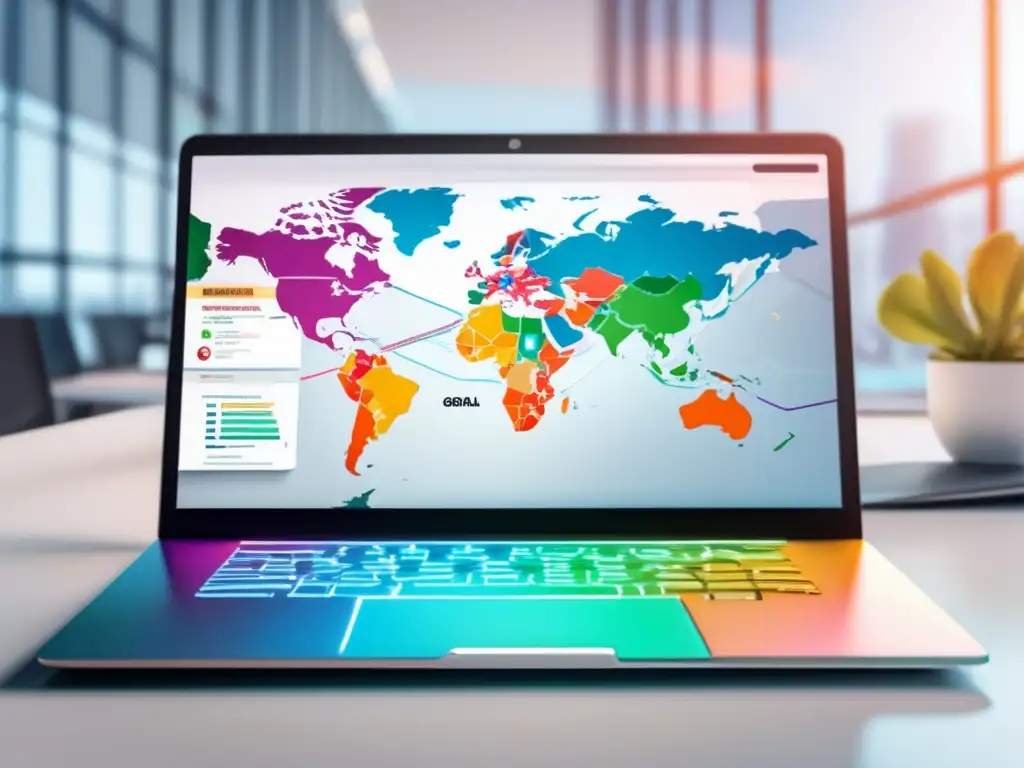 Laptop en escritorio blanco con mapa mundial y estrategias de SEO internacional