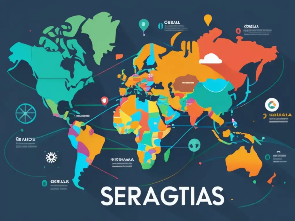 Mapa mundial de mercados globales con líneas interconectadas, destacando estrategias de SEO internacional para programa de afiliados