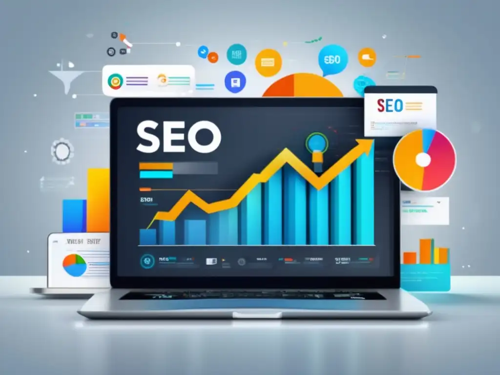 Mejorar SEO en marketing de afiliados: gráfico 8K muestra aumento en tráfico y rankings con laptop minimalista y elementos SEO