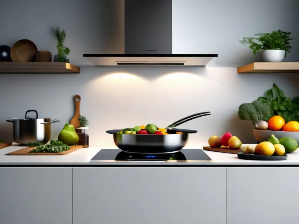 Cocina moderna y minimalista con ingredientes frescos y utensilios de cocina