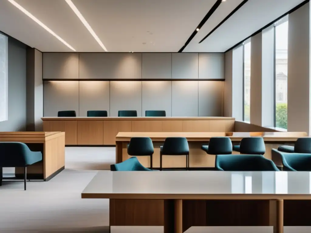 Sala de tribunal moderna y elegante con luz natural y detalles minimalistas