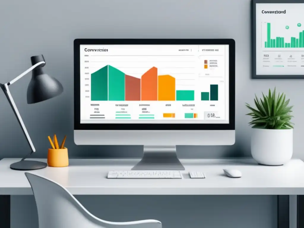 Monitor blanco en escritorio con dashboard de optimización de conversiones en marketing de afiliados
