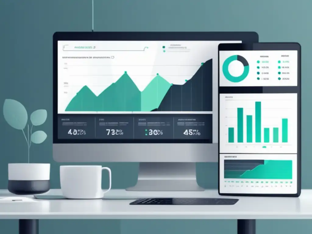 Computadora con pantalla minimalista mostrando análisis de datos para aumentar conversiones en marketing de afiliados
