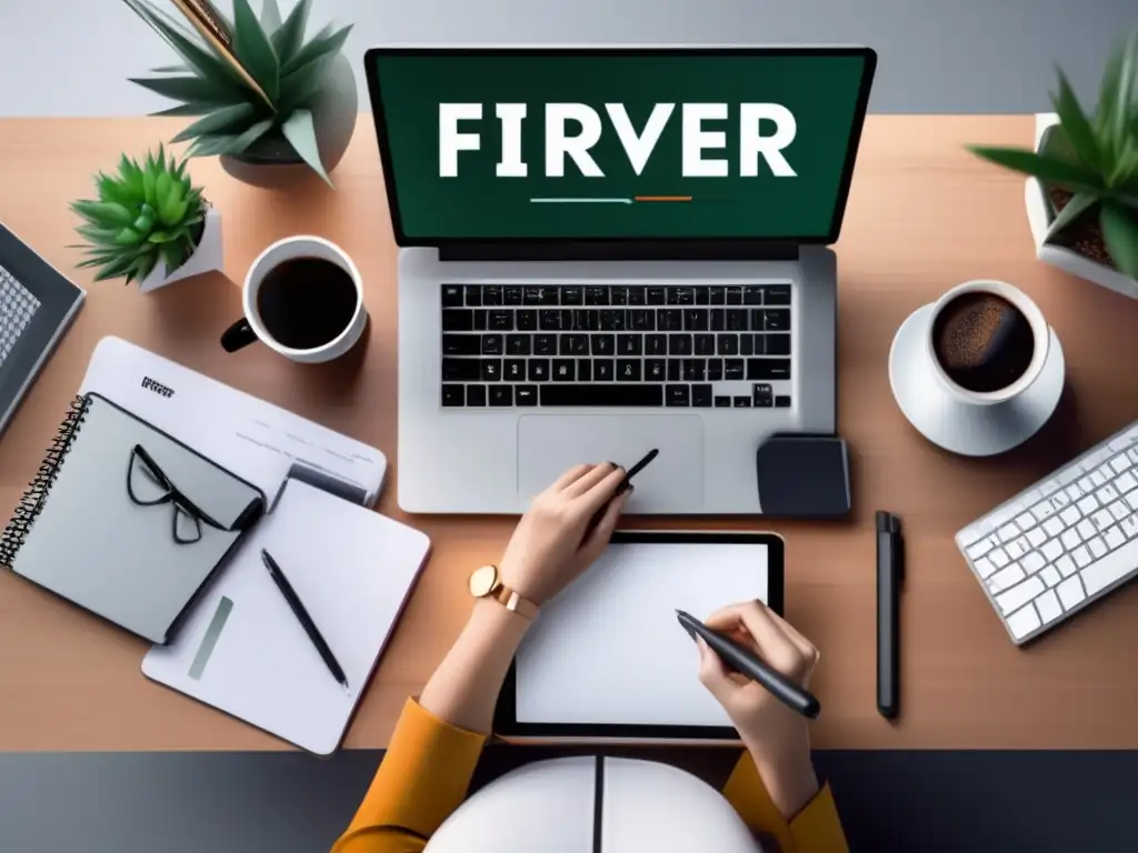 Mujer exitosa en su oficina crea diseño gráfico con Fiverr