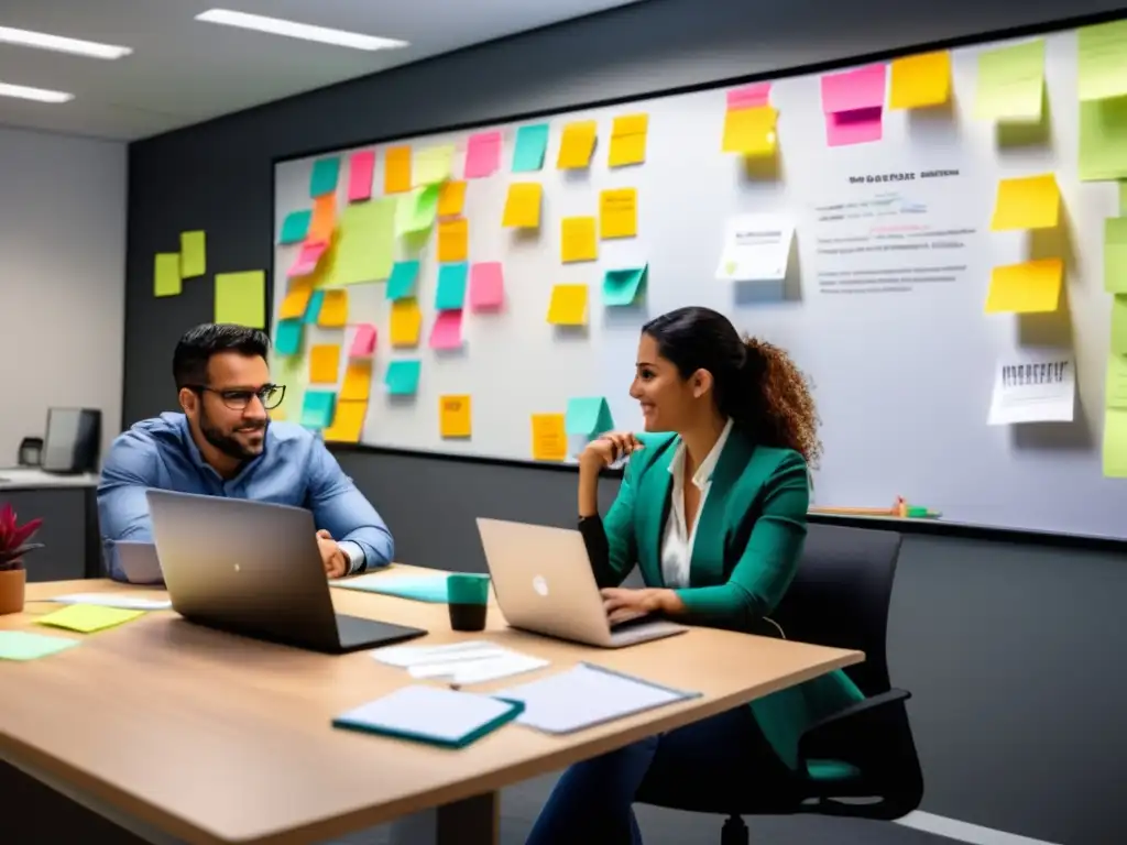 Tres profesionales en una oficina moderna realizando actividades de marketing de afiliados, casos de estudio