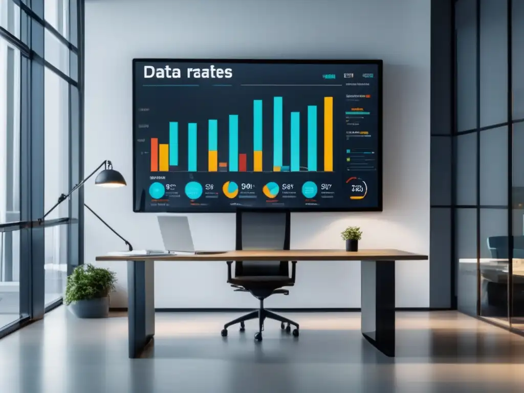 Oficina moderna con pantalla digital mostrando datos y gráficos para mejorar la tasa de conversión en marketing de afiliados