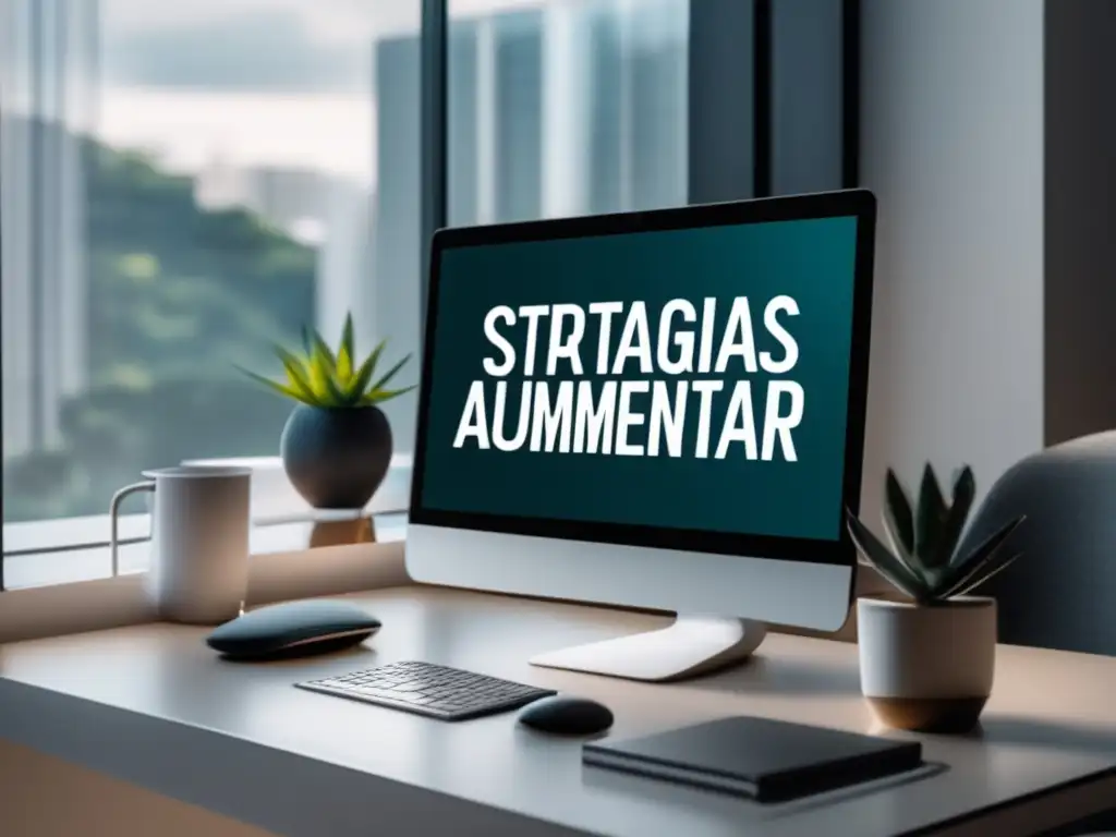 Oficina minimalista con escritorio blanco, ventana amplia y estrategias efectivas para aumentar ingresos con marketing de afiliados