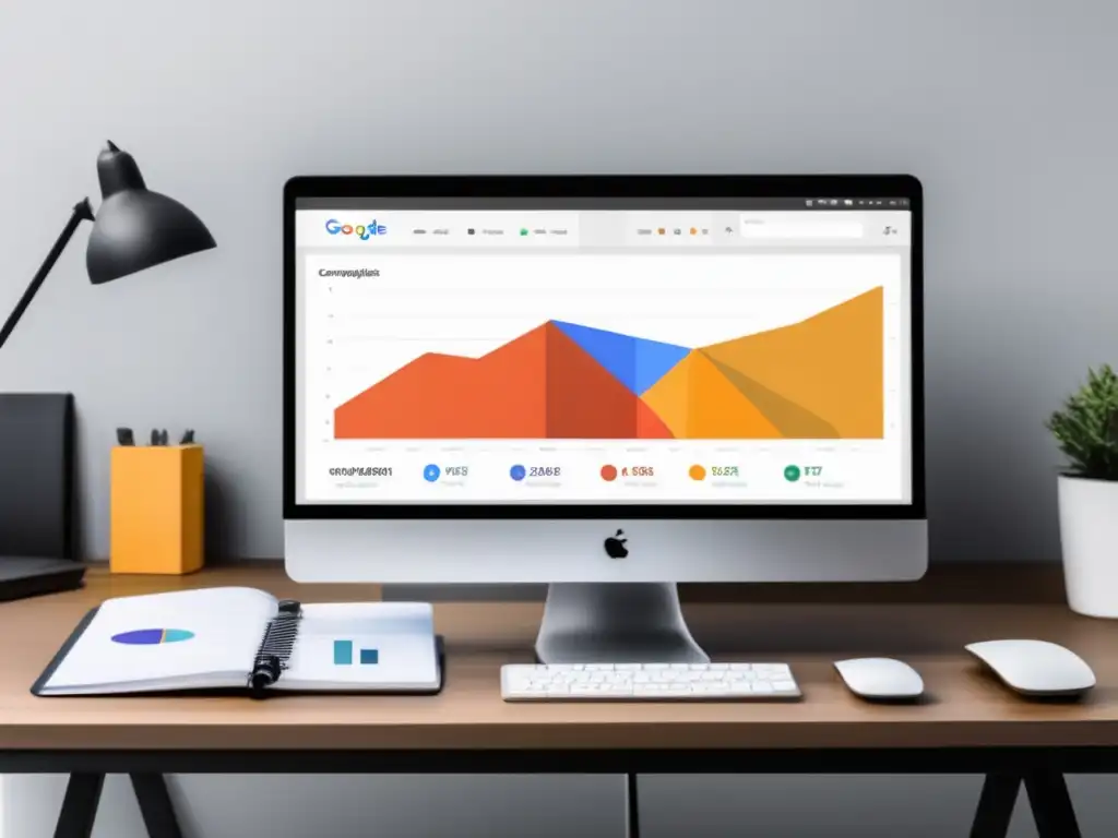 Oficina minimalista con monitor mostrando métricas de Google Analytics: Herramientas de afiliados