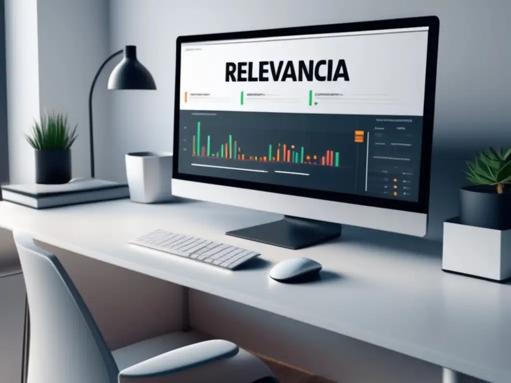 Oficina moderna con escritorio blanco y monitor mostrando gráfico de tendencias en marketing de afiliados