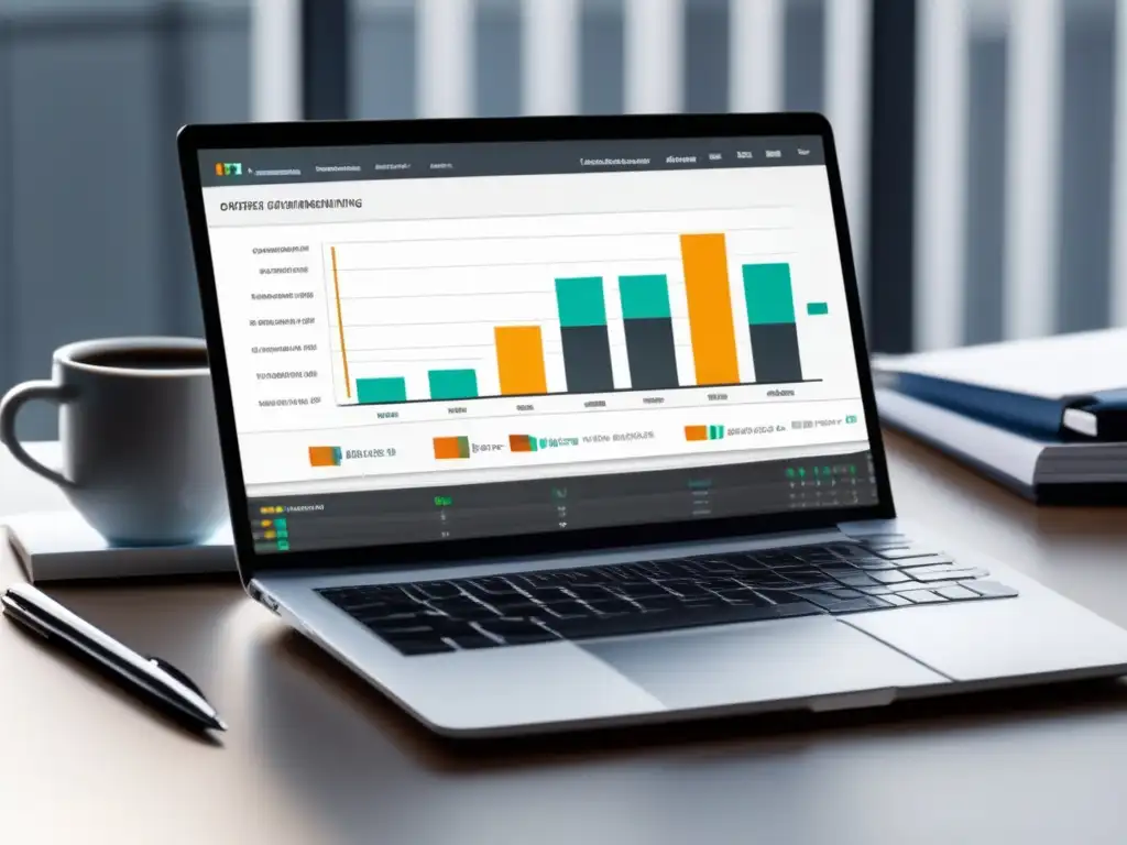 Ventajas análisis datos en marketing afiliados: oficina minimalista con laptop, bloc y gráficos de análisis de datos