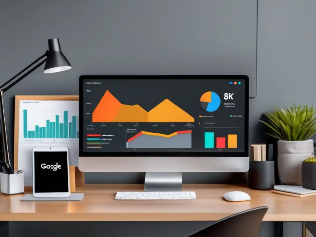 Oficina minimalista con monitor Google Analytics y estrategias de optimización de conversiones