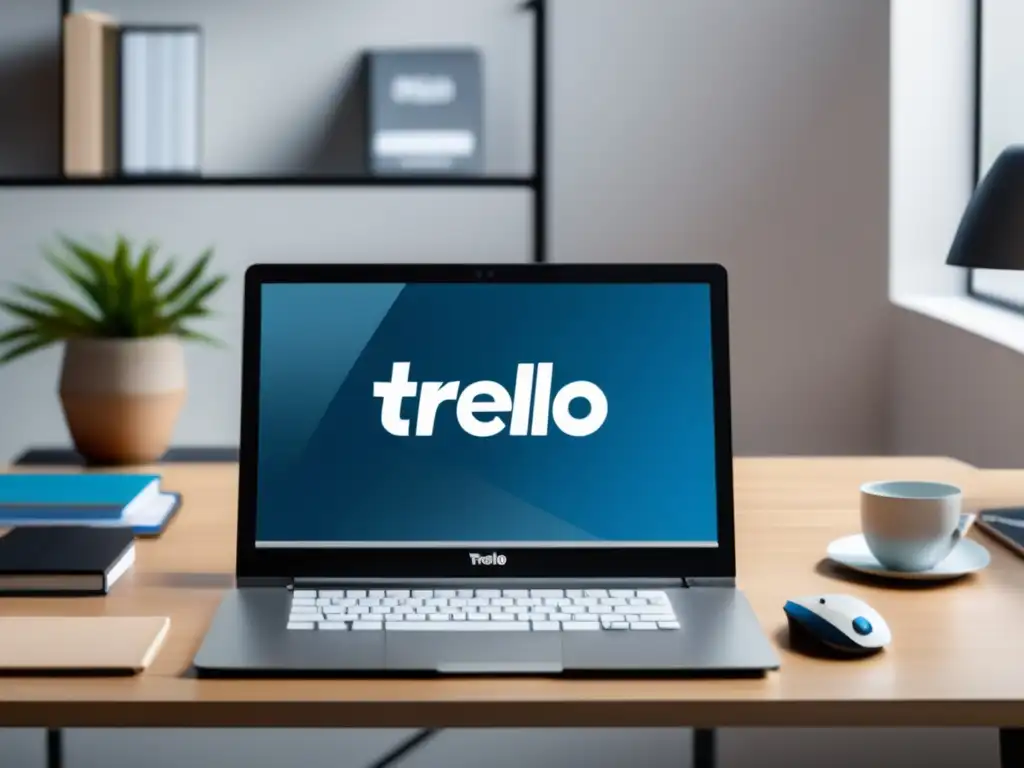 Imagen de escritorio minimalista con el logo de Trello, notepad 'Programa de Afiliados de Trello', mouse, teclado y libros de marketing