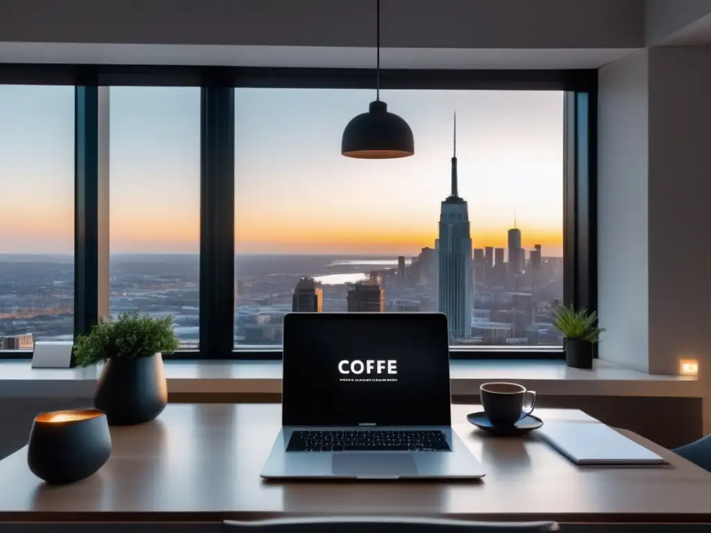 Espacio de trabajo minimalista con escritorio moderno de madera clara, organizado y con vista a la ciudad