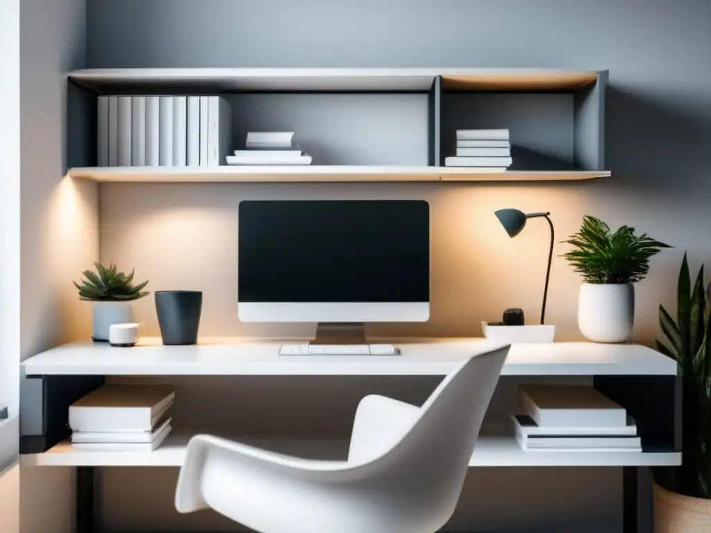 Un espacio de trabajo minimalista y moderno con escritorio blanco, computadora y decoración minimalista