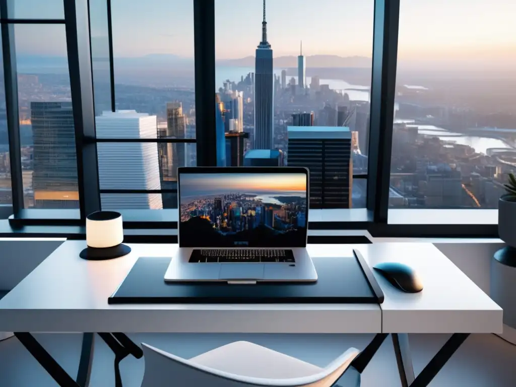 Oficina moderna con escritorio blanco, laptop de alta gama, teclado, ratón inalámbricos y pantalla de análisis de programas de afiliados