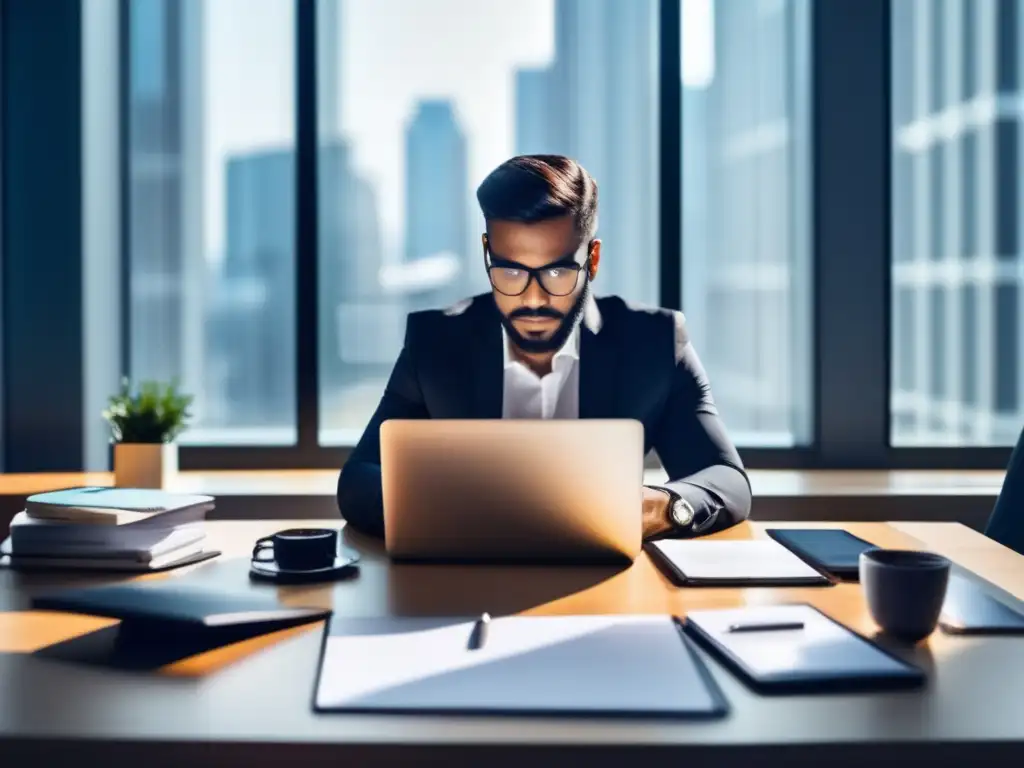 Persona trabajando en un escritorio moderno rodeado de tecnología y herramientas de marketing, con vista a la ciudad o a la naturaleza