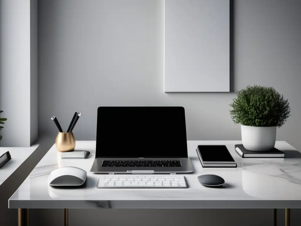 Oficina moderna con escritorio de mármol blanco, laptop plateada, teclado inalámbrico y ratón minimalista