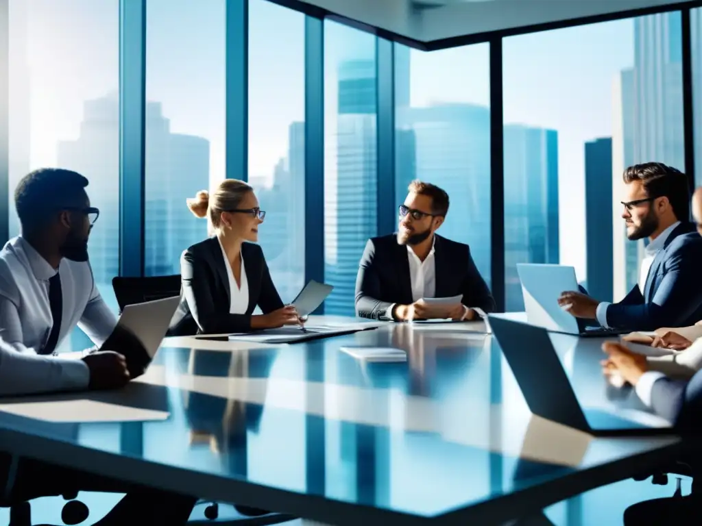 Profesionales en una oficina moderna discutiendo estrategias de marketing de afiliados