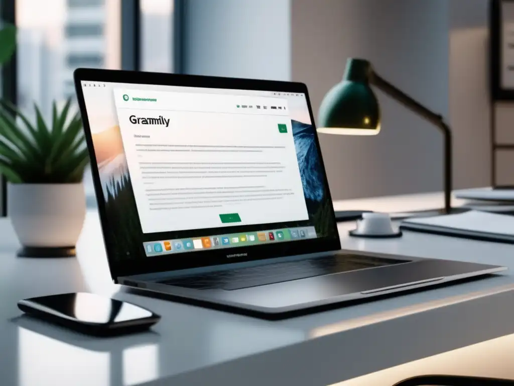 Escritorio de mármol blanco con laptop mostrando el sitio web de Grammarly, notas sobre el programa de afiliados y vista panorámica de la ciudad