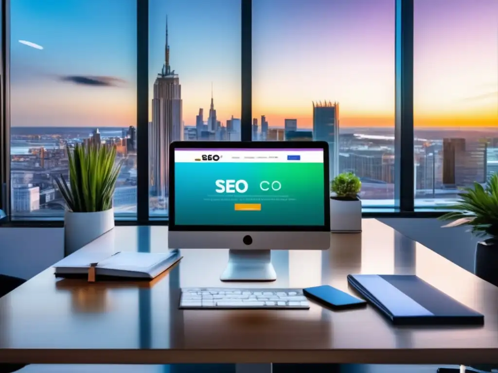 Oficina moderna con vista panorámica de la ciudad y estrategias de SEO para aumentar ingresos como afiliado