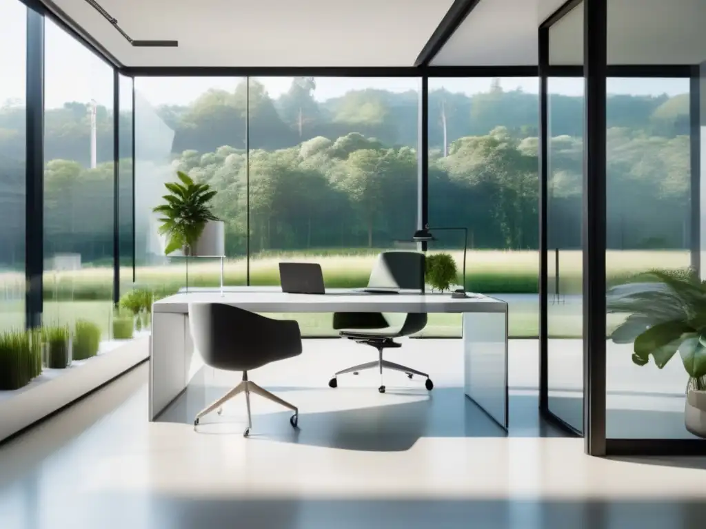 Oficina moderna con vista a un paisaje verde, mobiliario minimalista y mensaje de 