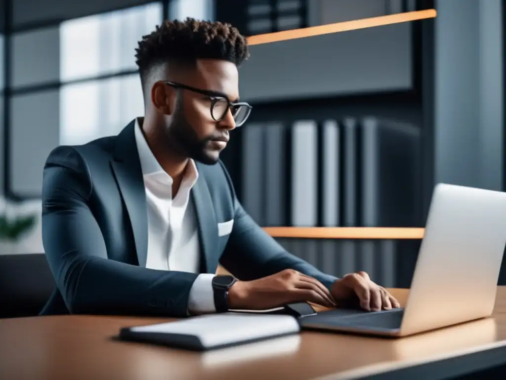 Persona trabajando en un escritorio moderno con laptop, organizado y con vista a la ciudad