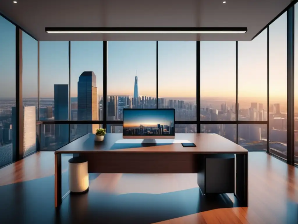 Oficina moderna con ventana panorámica, escritorio minimalista, laptop TradeTracker, silla ergonómica y decoración inspiradora