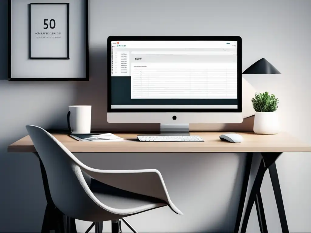 Oficina minimalista con escritorio blanco, monitor, teclado inalámbrico y recursos de marketing de afiliados