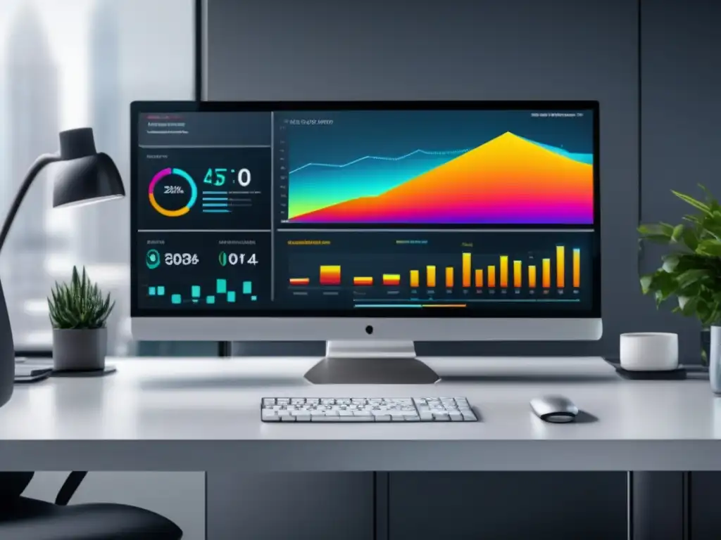 Oficina minimalista con monitor de análisis de conversiones