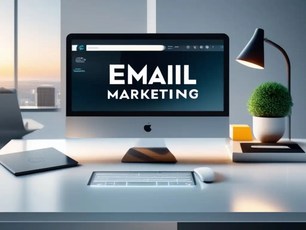 Escritorio minimalista con laptop y herramientas de software de email marketing para afiliados exitosos